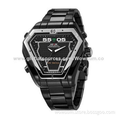 Analog LED Dual Time Date Alarm, Black, Stainless Steel, 3ATM Water proof